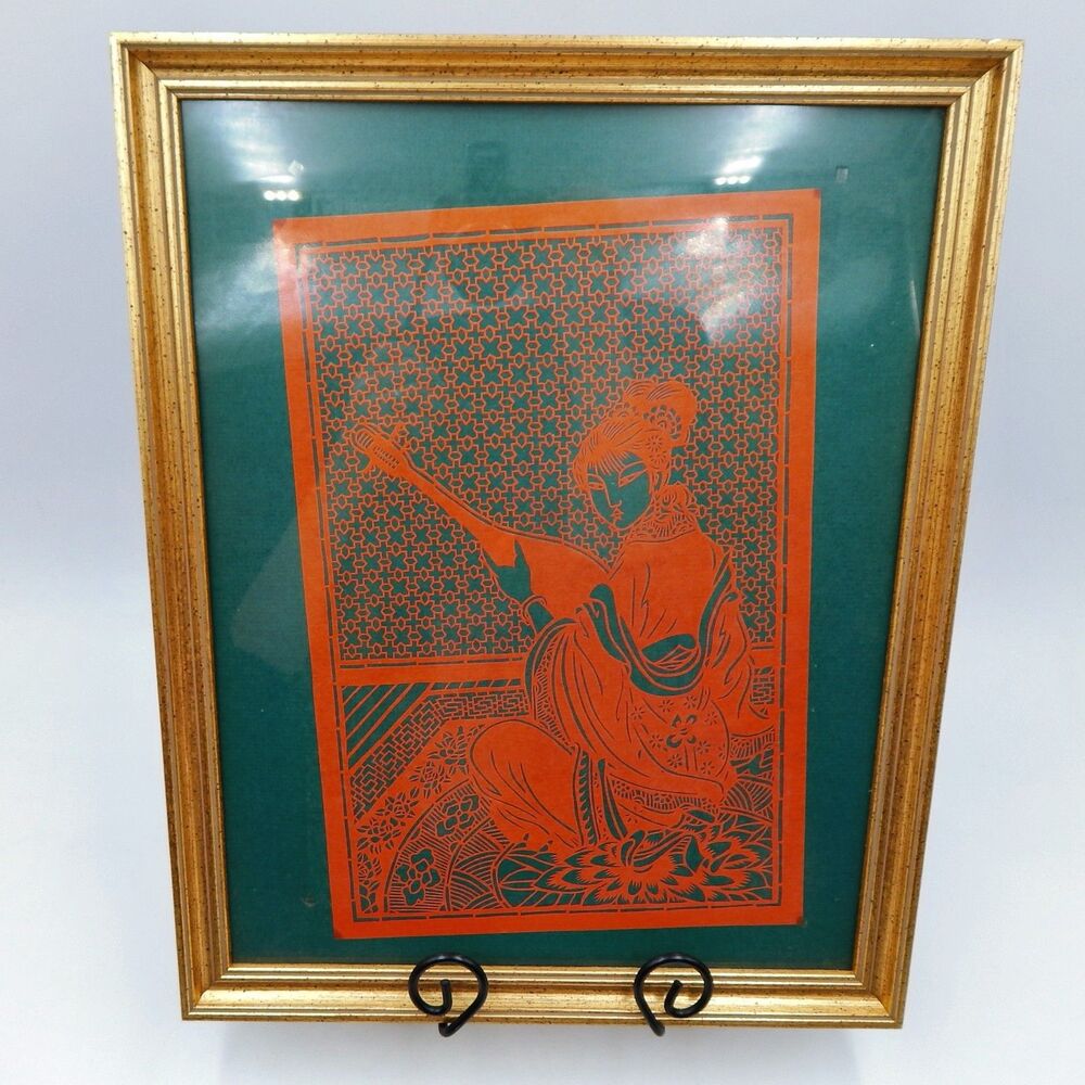 Japanese Kirigami Folk Art Paper Cut Geisha Woman Shamisen Guitar Papercut Red